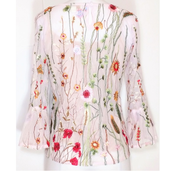 Cynthia Rowley Bell Sleeve Embroidered Mesh Top - Picture 3 of 5